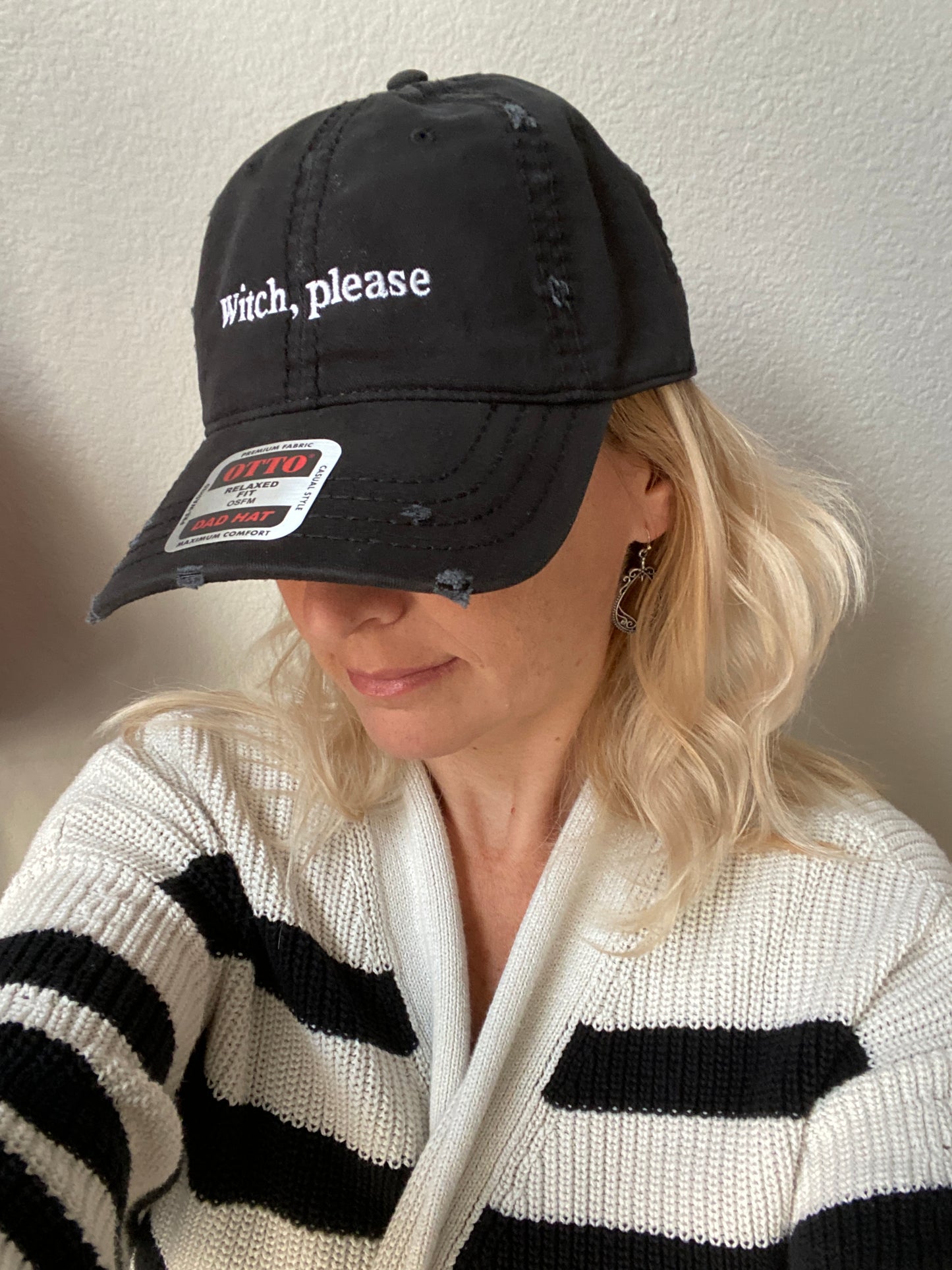Halloween-'Witch, please'-Embroidered Hat, Soft Black Distressed Hat