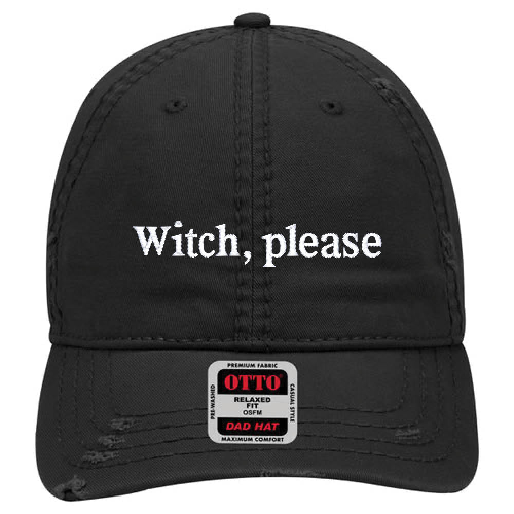 Halloween-'Witch, please'-Embroidered Hat, Soft Black Distressed Hat