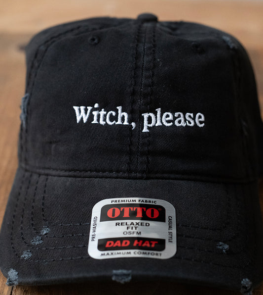 Halloween-'Witch, please'-Embroidered Hat, Soft Black Distressed Hat