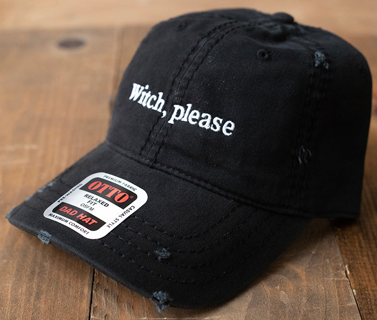 Halloween-'Witch, please'-Embroidered Hat, Soft Black Distressed Hat