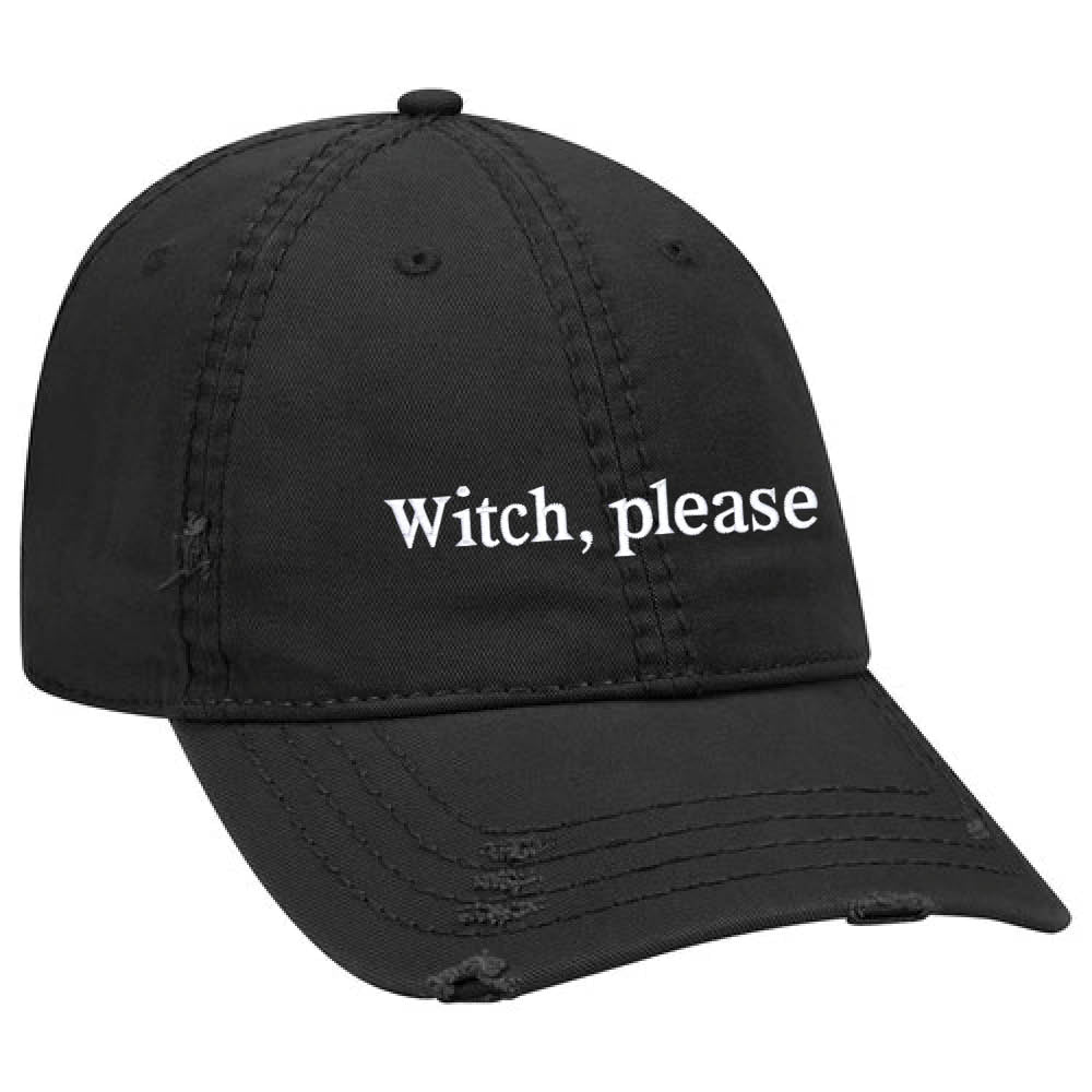 Halloween-'Witch, please'-Embroidered Hat, Soft Black Distressed Hat